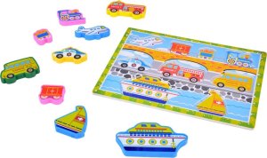 Jokomisiada Drewniana układanka puzzle transport pojazdy 9ele dopasuj kształty ZA5257 3