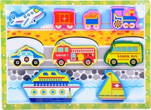 Jokomisiada Drewniana układanka puzzle transport pojazdy 9ele dopasuj kształty ZA5257 9