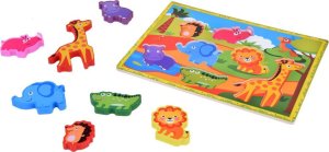 Jokomisiada Drewniane puzzle układanka zwierzątka safari 7ele dopasuj kształty ZA5256 4