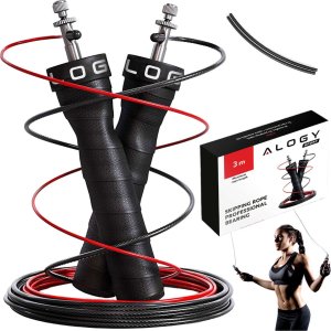 Skakanka sportowa Alogy Skakanka bokserska regulowana Crossfit Fitness Alogy Sport z wymiennymi linkami 300cm łożyska wygodna Czarna 1