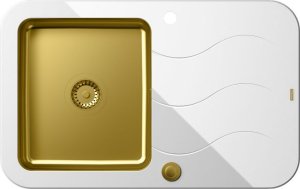 Zlewozmywak Quadron UNIQUE Glen 211 HardQ komora stalowa PVD złota z białym blatem szklanym z syfonem Push 2 Open (780x500/R35) 1