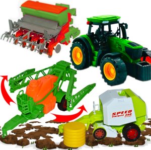 tomdorix Zestaw Farmerski 3w1 Traktor z Napędem + Siewnik, Prasa i Opryskiwacz 1