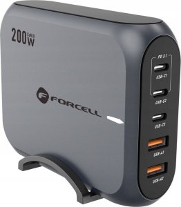 Ładowarka ForCell FORCELL F-ENERGY GaN III VT-51 ładowarka biurkowa 3 x Typ C + 2 x USB A PD QC4.0 SFC2.0 5A 200W szara 1