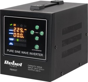 Przetwornica Rebel Zasilacz awaryjny Rebel POWER-800-LFP4 - przetwornica z czystym przebiegiem sinusoidalnym i funkcją ładowania  12V 230V 800VA/500W 1
