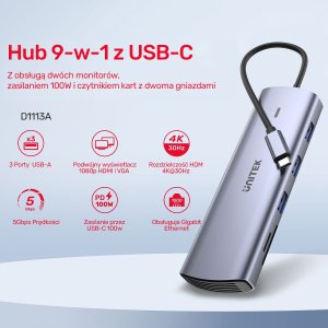 HUB USB Unitek 9w1 USB C Gigabit Ethernet HDMI VGA 3x USB A czytnik kart PD 100W 11