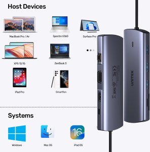 HUB USB Unitek 9w1 USB C Gigabit Ethernet HDMI VGA 3x USB A czytnik kart PD 100W 12