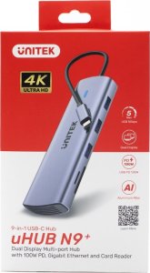 HUB USB Unitek 9w1 USB C Gigabit Ethernet HDMI VGA 3x USB A czytnik kart PD 100W 5