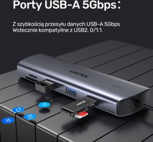 HUB USB Unitek 9w1 USB C Gigabit Ethernet HDMI VGA 3x USB A czytnik kart PD 100W 7