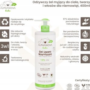Alphanova Bebe Bio* Odżywczy żel myjący do ciała, twarzy i włosów dla niemowląt 400ml 2