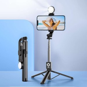 Selfie stick 4kom.pl Selfie stick Uchwyt na telefon statyw z podwójną lampą Ring LED Tripod z pilot Bluetooth Czarny 14