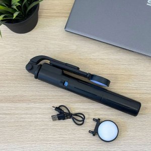 Selfie stick 4kom.pl Selfie stick Uchwyt na telefon statyw z podwójną lampą Ring LED Tripod z pilot Bluetooth Czarny 17