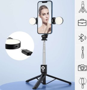Selfie stick 4kom.pl Selfie stick Uchwyt na telefon statyw z podwójną lampą Ring LED Tripod z pilot Bluetooth Czarny 2