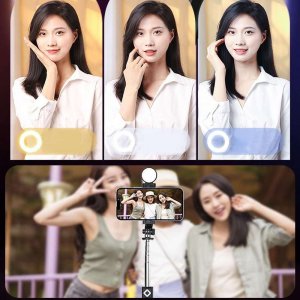 Selfie stick 4kom.pl Selfie stick Uchwyt na telefon statyw z podwójną lampą Ring LED Tripod z pilot Bluetooth Czarny 21