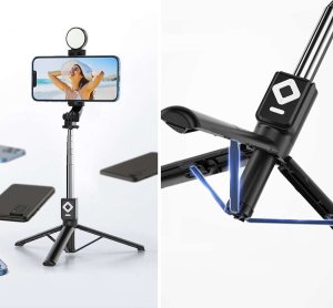 Selfie stick 4kom.pl Selfie stick Uchwyt na telefon statyw z podwójną lampą Ring LED Tripod z pilot Bluetooth Czarny 5
