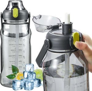 4kom.pl Butelka bidon ze słomką na wodę do picia 1,5l motywacyjna z przypomnieniem z miarką motywacyjną z uchwytem Czarna 1