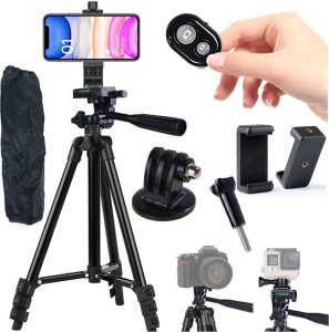 Selfie stick 4kom.pl Statyw uniwersalny Alogy Tripod uchwyt do telefonu stojak 1/4 do kamer GoPro z pilot Bluetooth, pokrowiec Czarny 1