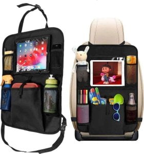 4kom.pl Organizer samochodowy na fotel pokrowiec podróżny do auta ochraniacz osłona Czarny + 2x uchwyt na zagłówek 2