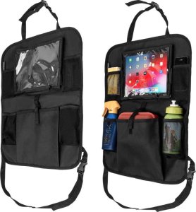 4kom.pl Organizer samochodowy na fotel pokrowiec podróżny do auta ochraniacz osłona Czarny + 2x uchwyt na zagłówek 3