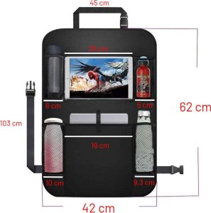 4kom.pl Organizer samochodowy na fotel pokrowiec podróżny do auta ochraniacz osłona Czarny + 2x uchwyt na zagłówek 5