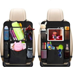 4kom.pl Organizer samochodowy na fotel pokrowiec podróżny do auta ochraniacz osłona Czarny + 2x uchwyt na zagłówek 7
