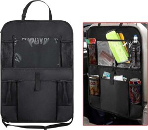 4kom.pl Organizer samochodowy na fotel pokrowiec podróżny do auta ochraniacz osłona Czarny + 2x uchwyt na zagłówek 8