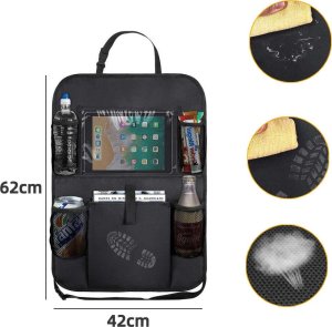 4kom.pl Organizer samochodowy na fotel pokrowiec podróżny do auta ochraniacz osłona Czarny + 2x uchwyt na zagłówek 9