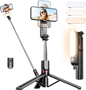 Selfie stick 4kom.pl Kijek Selfie Stick uchwyt do telefonu zdjęć statyw Tripod L15 z Lampa LED + Pilot Bluetooth na telefon Czarny 14