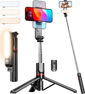 Selfie stick 4kom.pl Kijek Selfie Stick uchwyt do telefonu zdjęć statyw Tripod L15 z Lampa LED + Pilot Bluetooth na telefon Czarny 2