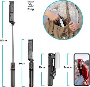 Selfie stick 4kom.pl Kijek Selfie Stick uchwyt do telefonu zdjęć statyw Tripod L15 z Lampa LED + Pilot Bluetooth na telefon Czarny 6