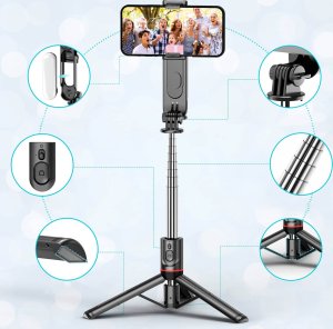 Selfie stick 4kom.pl Kijek Selfie Stick uchwyt do telefonu zdjęć statyw Tripod L15 z Lampa LED + Pilot Bluetooth na telefon Czarny 8