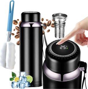 4kom.pl Termos butelka bidon termiczny 800ml do kawy herbaty yerba mate LED sitko smyczka Alogy wyświetlacz Czarny + Szczotka do mycia 1