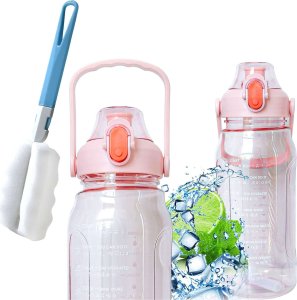 4kom.pl Butelka bidon ze słomką na wodę do picia 1,5l motywacyjna z przypomnieniem z miarką motywacyjną z uchwytem Różowa + Szczotka do mycia 1