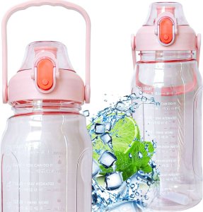 4kom.pl Butelka bidon ze słomką na wodę do picia 1,5l motywacyjna z przypomnieniem z miarką motywacyjną z uchwytem Różowa + Szczotka do mycia 2