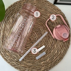 4kom.pl Butelka bidon ze słomką na wodę do picia 1,5l motywacyjna z przypomnieniem z miarką motywacyjną z uchwytem Różowa + Szczotka do mycia 6