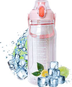 4kom.pl Butelka bidon ze słomką na wodę do picia 1,5l motywacyjna z przypomnieniem z miarką motywacyjną z uchwytem Różowa + Szczotka do mycia 8