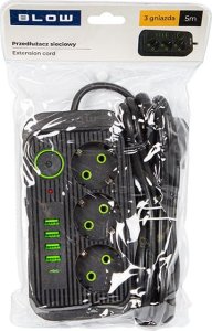 Blow 98-235# Przedłużacz sieciowy ps-350u 3-gniazda 4xusb 1xusb-c 5m czarny 2x1mm 4