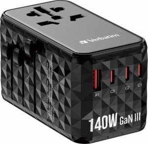 Verbatim Verbatim Adapter podróżny EU/UK/US GaN USB-A/3xUSB-C PD 140W UTA-10 czarny/black 32125 1