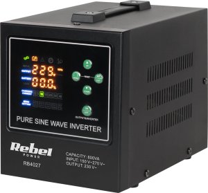 Przetwornica Rebel Zasilacz awaryjny Rebel POWER-800-LFP4 - przetwornica z czystym przebiegiem sinusoidalnym i funkcją ładowania  12V 230V 800VA/500W 1