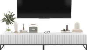 Meble Lindner Meble Lindner Szafka RTV Glamour Komoda RTV Meble Lindner Stolik Biały Mat Ryflowane Fronty 220 cm Czarna Rama Loft 1