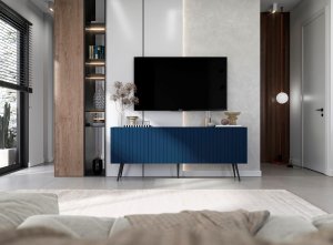 Meble Lindner Meble Lindner Komoda RTV Glamour Szafka RTV Glamour Granatowa 150 cm Ryflowane fronty Nogi Czarne Metalowe 4