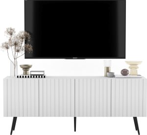 Meble Lindner Meble Lindner Komoda RTV Glamour Szafka RTV Glamour Biała 150 cm Ryflowane fronty Nogi Czarne Metalowe 1