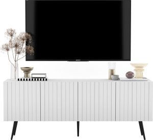 Meble Lindner Meble Lindner Komoda RTV Glamour Szafka RTV Glamour Biała 150 cm Ryflowane fronty Nogi Czarne Metalowe 2