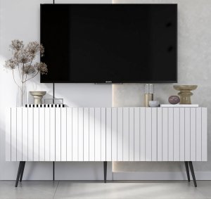 Meble Lindner Meble Lindner Komoda RTV Glamour Szafka RTV Glamour Biała 150 cm Ryflowane fronty Nogi Czarne Metalowe 3