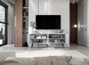 Meble Lindner Meble Lindner Komoda RTV Glamour Szafka RTV Glamour Biała 150 cm Ryflowane fronty Nogi Czarne Metalowe 6