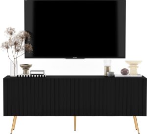 Meble Lindner Meble Lindner Komoda RTV Glamour Szafka RTV Glamour Czarna 150 cm Ryflowane fronty Nogi Złote Metalowe 2