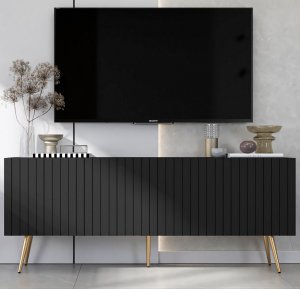 Meble Lindner Meble Lindner Komoda RTV Glamour Szafka RTV Glamour Czarna 150 cm Ryflowane fronty Nogi Złote Metalowe 3