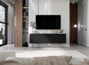 Meble Lindner Meble Lindner Komoda RTV Glamour Szafka RTV Glamour Czarna 150 cm Ryflowane fronty Nogi Złote Metalowe 4