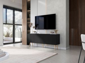 Meble Lindner Meble Lindner Komoda RTV Glamour Szafka RTV Glamour Czarna 150 cm Ryflowane fronty Nogi Złote Metalowe 5