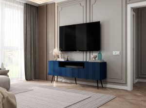 Meble Lindner Meble Lindner Loft Szafka RTV Granatowy Mat Nowoczesna Komoda RTV Glamour 150 cm Ryflowane fronty Nogi Czarne Metalowe 5