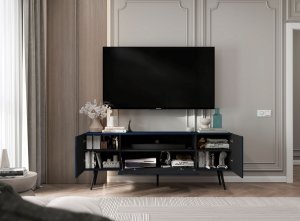 Meble Lindner Meble Lindner Loft Szafka RTV Granatowy Mat Nowoczesna Komoda RTV Glamour 150 cm Ryflowane fronty Nogi Czarne Metalowe 6